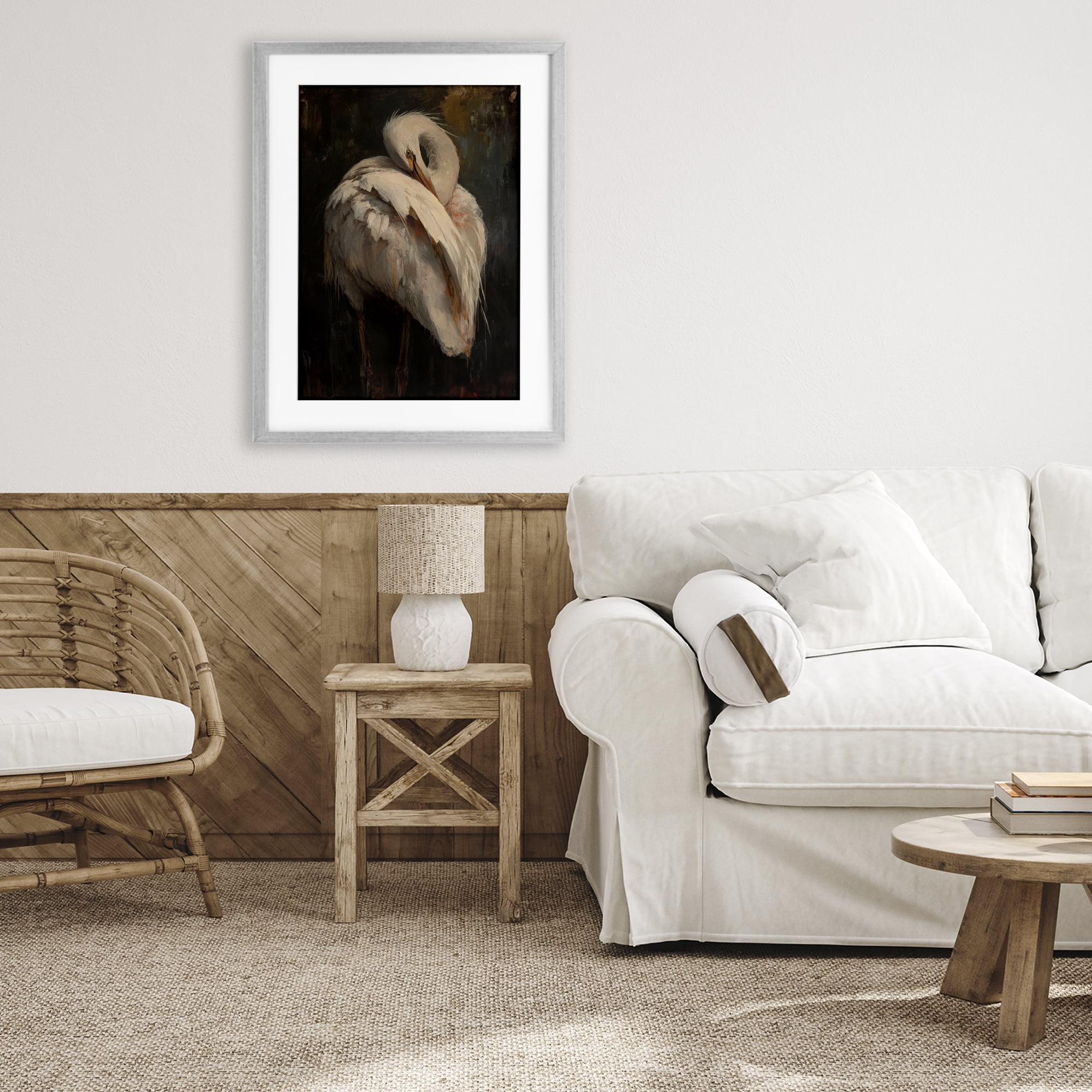 Stupell Industries Sleeping Egret in Golden Light Gray Framed Print Under Glass, design by Petal Prints Design