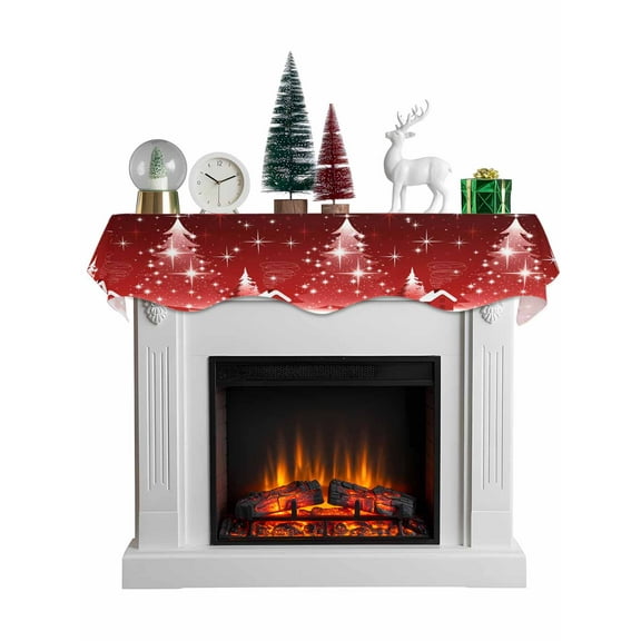 Red Christmas Tree Mantel Scarf Fireplace Decorations for Living Room, Xmas Winter Sparkle Star House Fireplace Mantel Scarf Cover Runner for Halloween/Thanksgiving/Christmas Decor 70"x17"