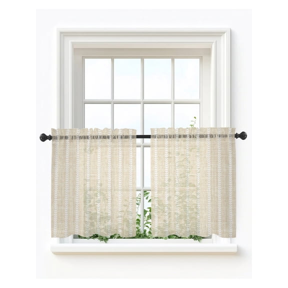 Cream Striped Tier Curtains 24 Inch Length,Sheer Curtains for Bedroom Living Room Window Modern Rustic Minimalist Lines Texture Rod Pocket Drapes Kitchen Curtains Small Half Window 27.5"x24" 2 Panels