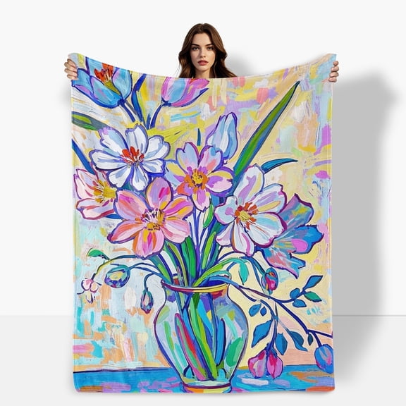 Floral Purple Decorative Oil Painting Themed Cozy Fleece Blanket Soft Warm Comfortable For Sofa Bed Travel Camping Living Room Office Chair Polyester Gift For Family Or Friends