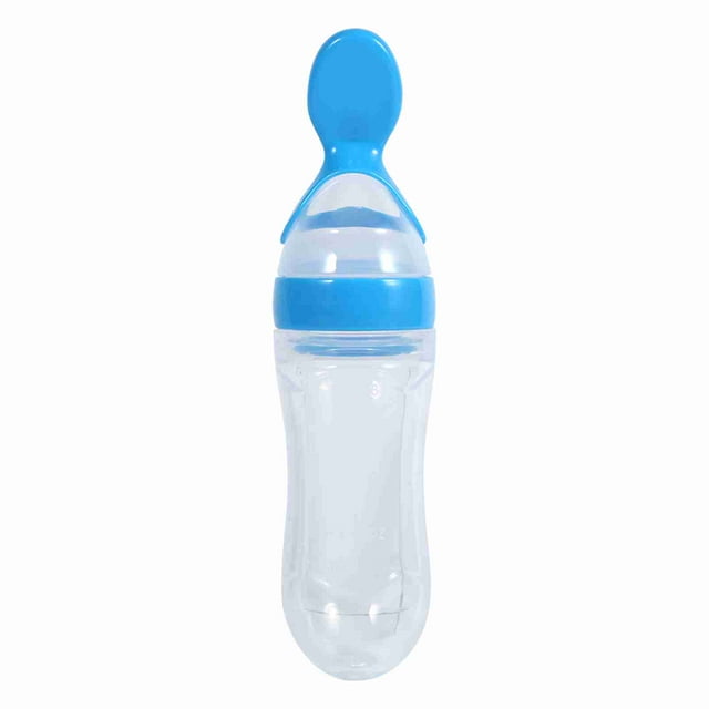 Biberón de silicona de 90 ml para bebés y niños pequeños con cuchara, alimentador de cereales frescos (azul)