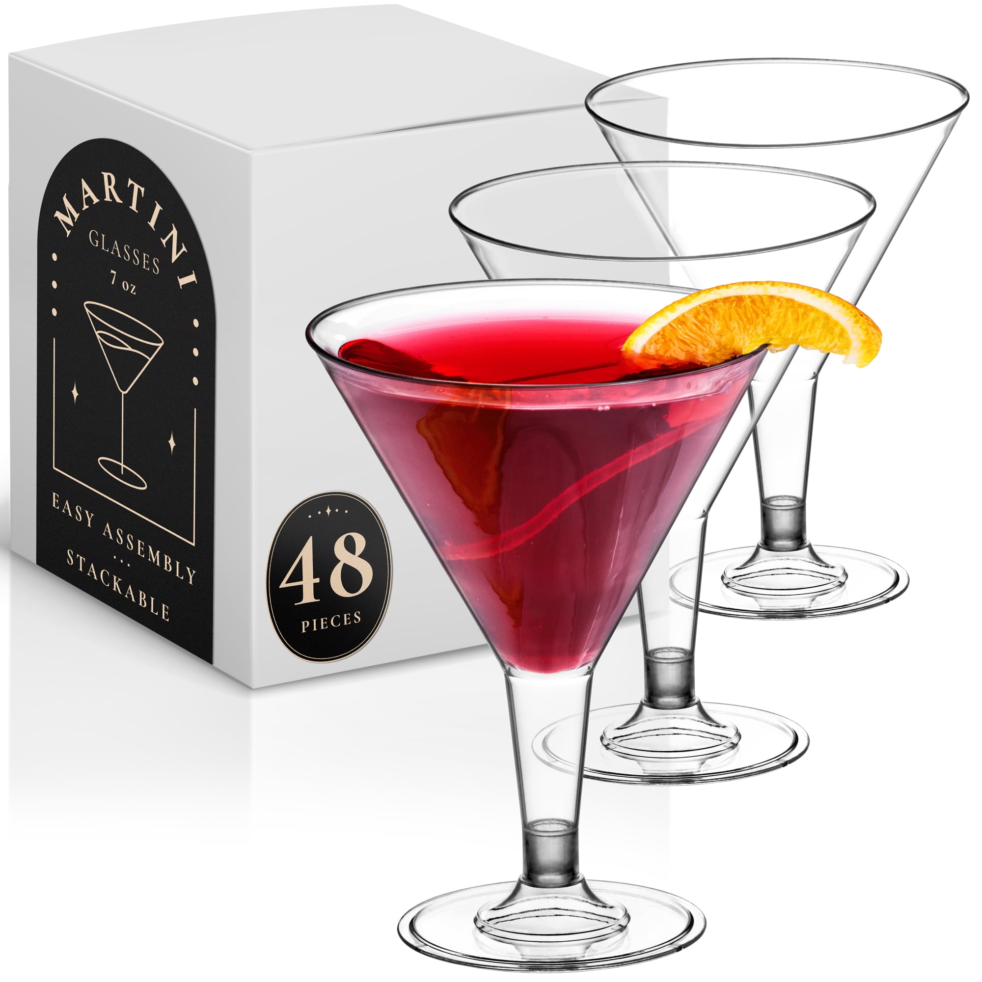 DecorRack 48 Plastic Martini Cocktail Glasses, 7 oz Clear Reusable Party Cups, Durable BPA Free Shatterproof Drinkware for Weddings, Parties and Outdoor Use (Pack of 48)