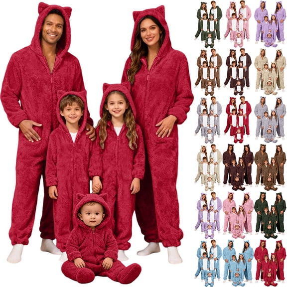 QIUOMBBP Fleece Onesie Pajamas Cute Cat Ear Hooded Long Sleeve Jumpsuits Family Christmas Matching Sleepwear Coffee