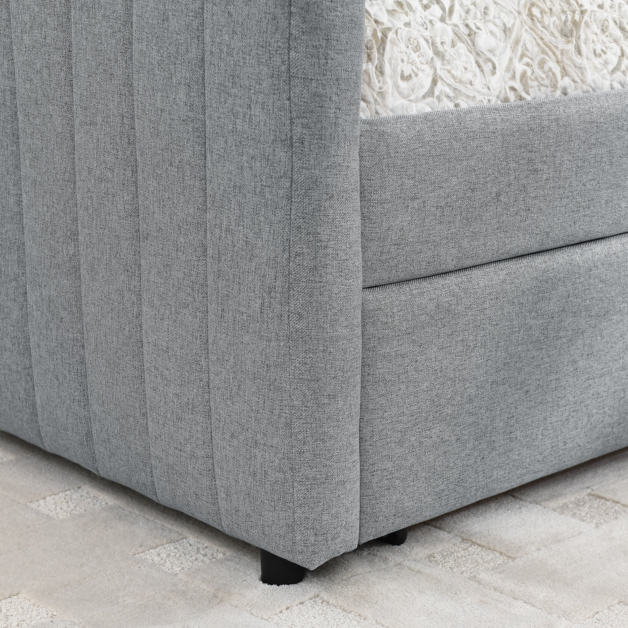 Noble House Denita Queen Size Daybed, Vertical Striped Linen Upholstered Sofa Bed with Storage Drawers, Grey