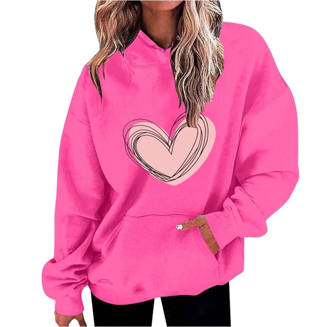 Plebaso Sweat à Capuche Imprimé Cœur pour Femmes, Manches Longues, Pull Ample avec Poches