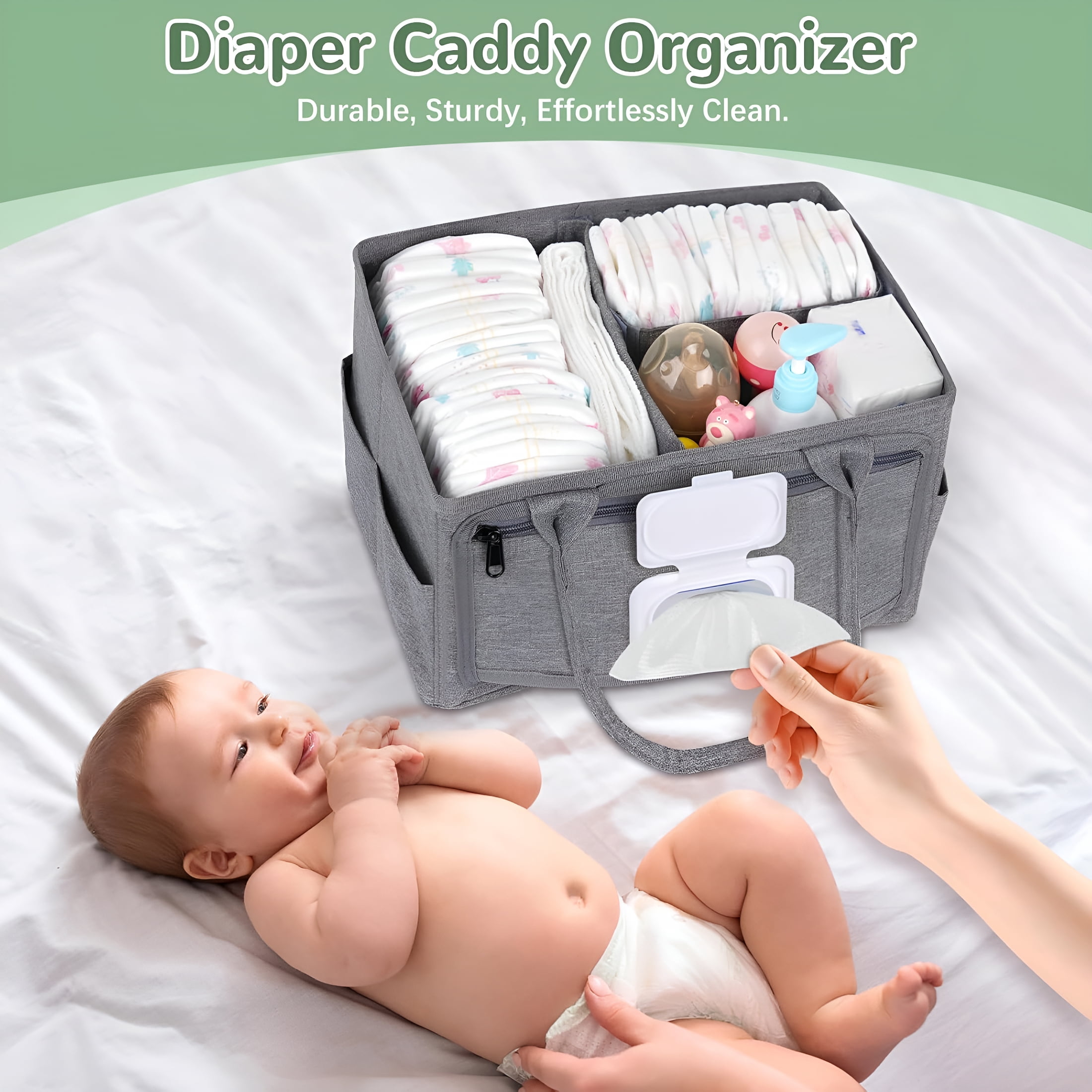 XIBUFE 2026 New Diaper Caddy with Wipe Dispenser One-Handed Access,Premium Diaper Organizer,Portable Car Organizer Nursery Basket for Newborn,Perfect Registry Must Haves for Boys&Girls,Grey