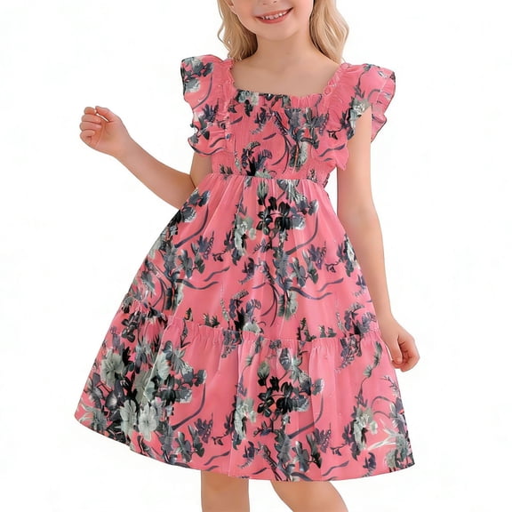 ITSAME Girls Dresses, Floral Print Ruffled Sleeveless Waist-Cinching Kids Casual Fashion Dress Hot Pink 7-8T