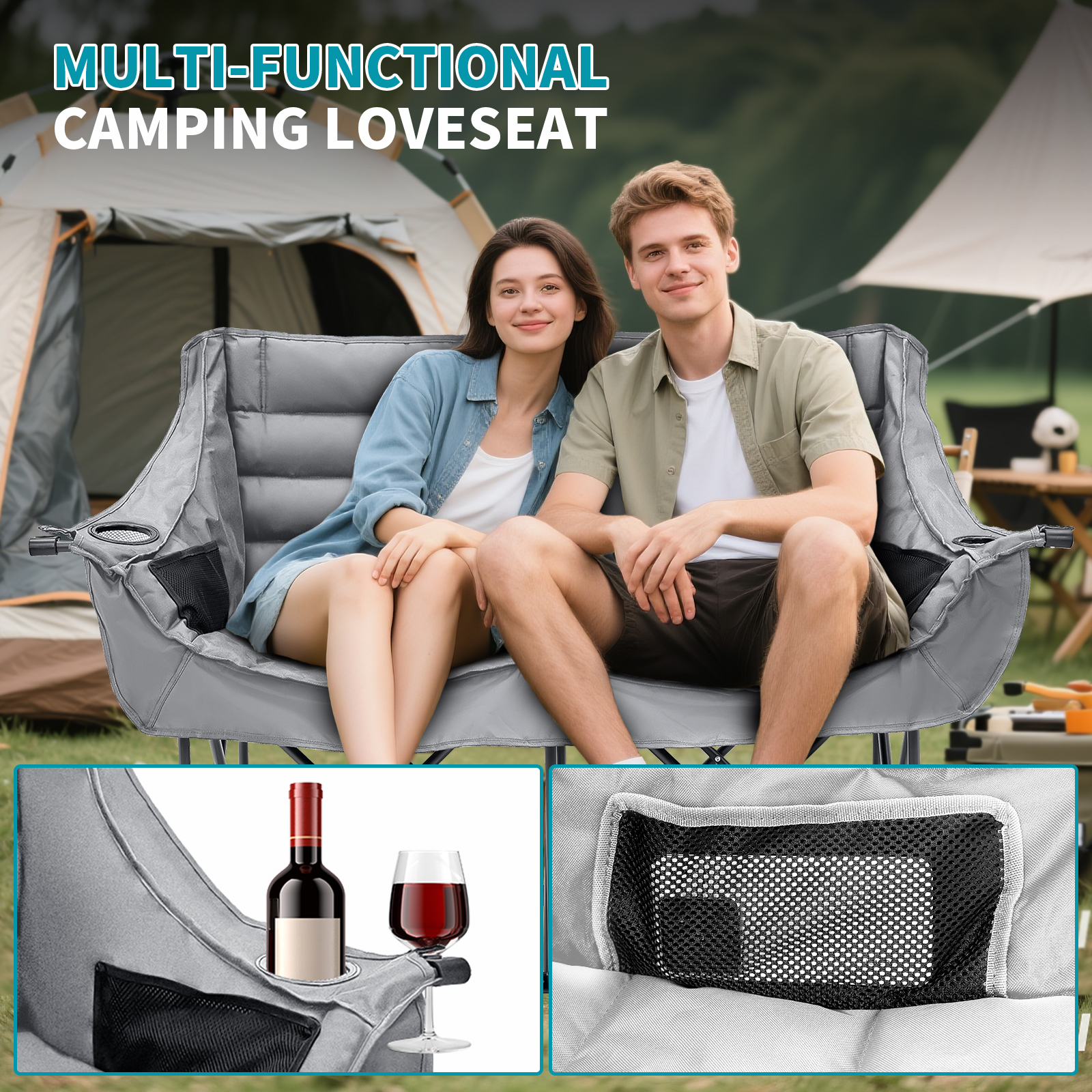 Slsy XXXL Oversized 2 Person Fully Padded Camping Chair, Folding Loveseat Camping Couch Double Camping Chairs Heavy Duty Portable Lawn Chair Patio Chair, Supports 990 LBS