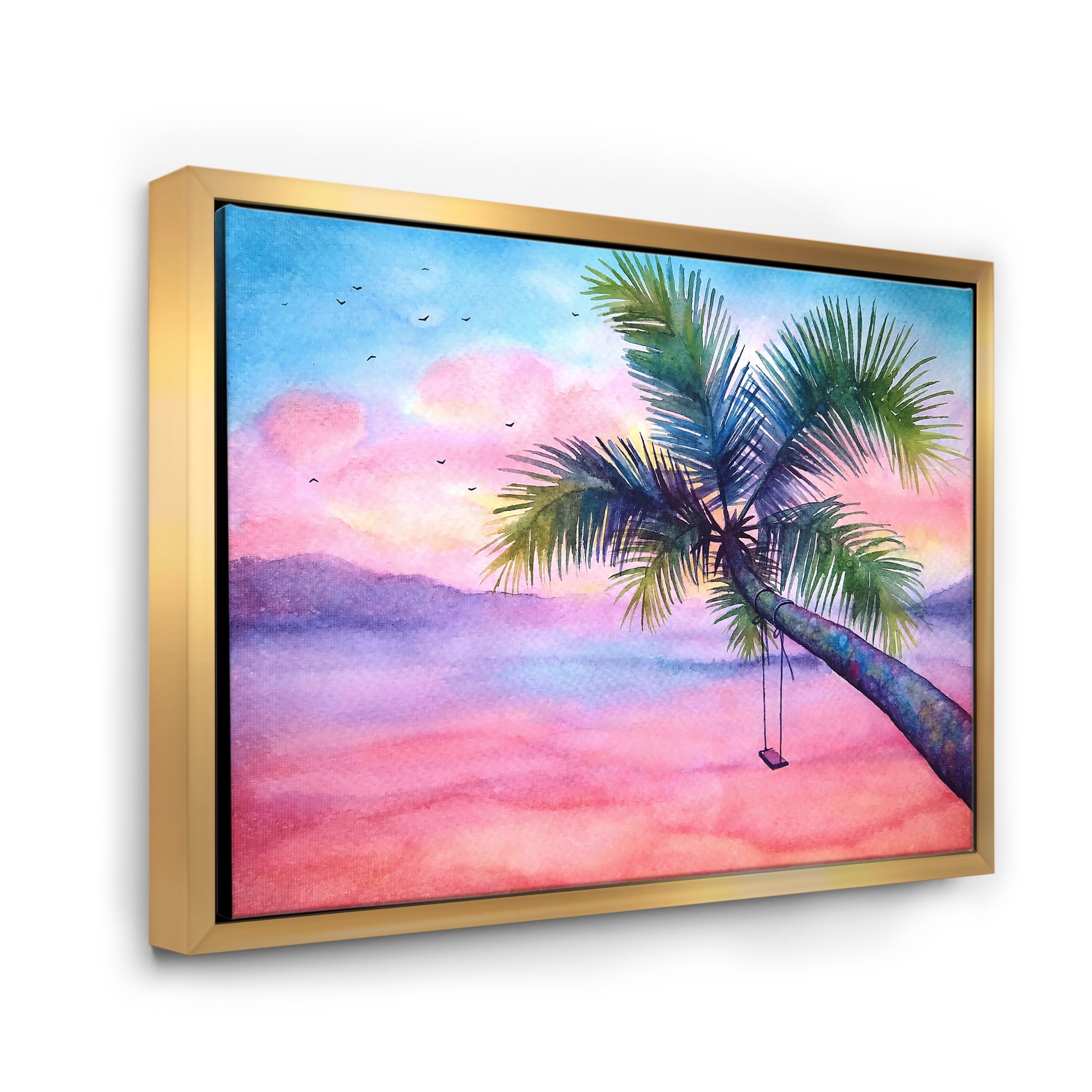 Designart 'Vivid Sunset Landscape With Swing and Palm' Nautical & Coastal Framed Canvas Wall Art Print