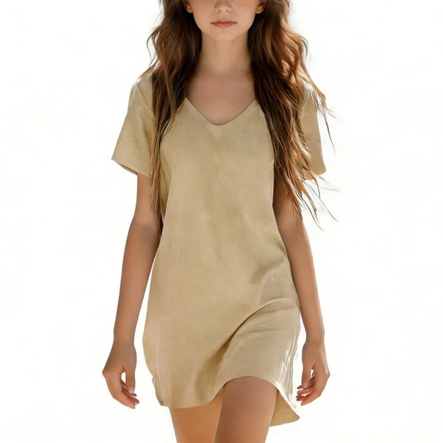 FRSASU Robe d'Été 100 % Coton pour Filles, Tendance, Col en V, Décontractée, Bohème, Robe Soleil, Printemps, Plage, Fluide, Vacances, Mini, Beige