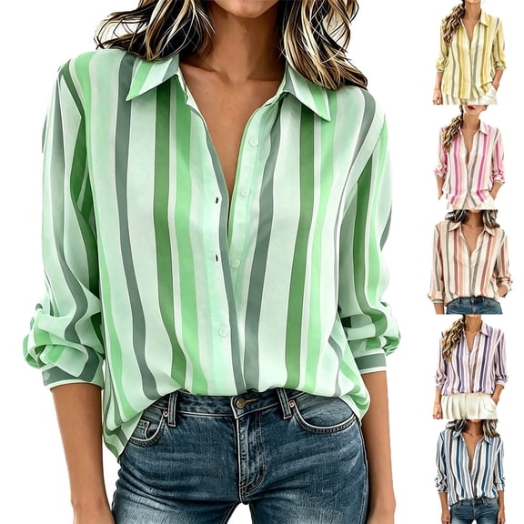 Hilenly Button Down Shirts for Women Long Sleeve Striped Shirt Business Causal Dressy Work Tops