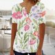 thumbnail image 1 of ICHUANYI Clearance Women's Summer V-Neck Print Casual Loose Top Short Sleeve Button Blouses Tops(Green, L) ICHUANYI WER2023081505913, 1 of 5