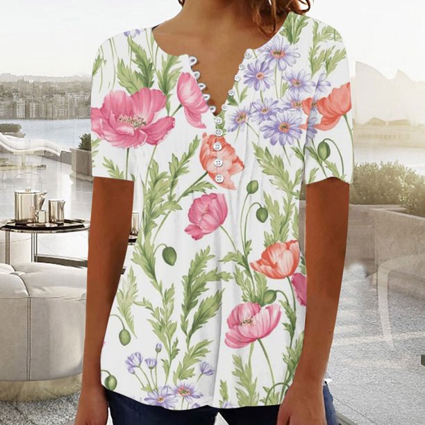 ICHUANYI Clearance Women's Summer V-Neck Print Casual Loose Top Short Sleeve Button Blouses Tops(Green, L) ICHUANYI WER2023081505913