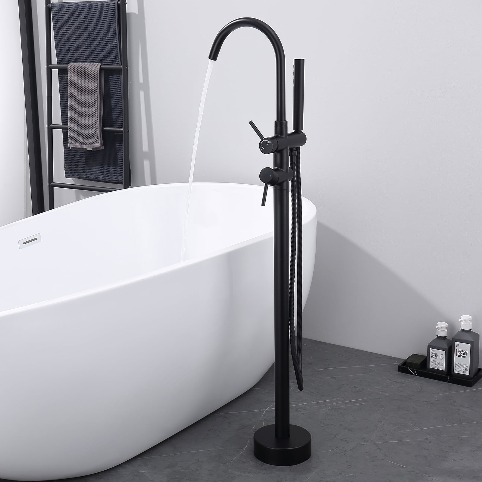 Dawot Floor Mount Bathtub Faucet, Matte Black Brass Bathroom Freestanding Tub Filler Single Handle Tub Spout, with Hand-held showerhead