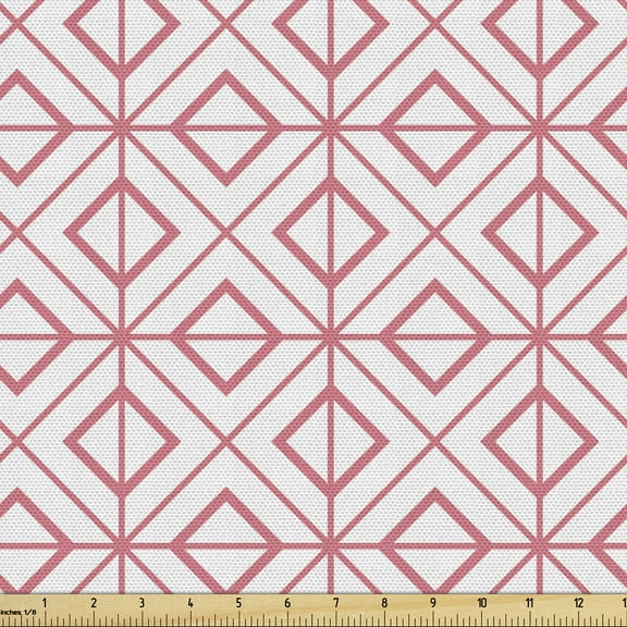 Pink Fabric by the Yard, Vintage Retro Tile with Geometrical Shapes Triangles Squares Lines Art Print, Upholstery Fabric for Dining Chairs Home Decor Accents, 5 Yards, Pink and White by Ambesonne