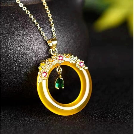 Jade Jewelry Trinkets Lucky Round Pendant with Chain Necklace Gold Plated -