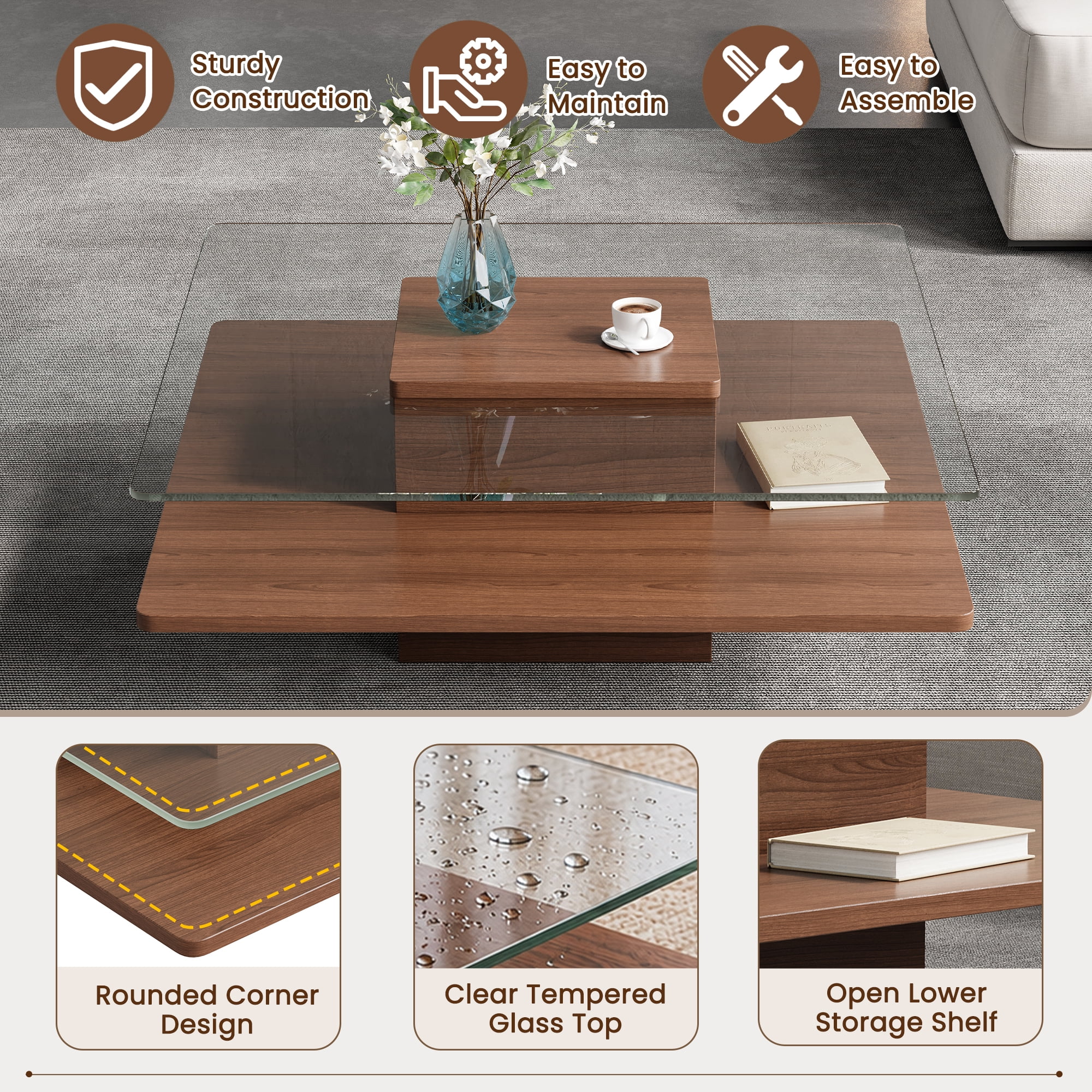 The Square Coffee Table with Clear Tempered Glass Top and Storage Shelf, Walnut Finish, 31.5"