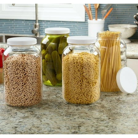 4 Pack - 1 Gallon Glass Jar w/ Plastic Airtight Lid, Muslin Cloth, Rubber Band - Wide Mouth Easy Clean - BPA Free & Dishwasher Safe - Kombucha, Kefir, Canning, Sun Tea, Fermentation, Food Storage