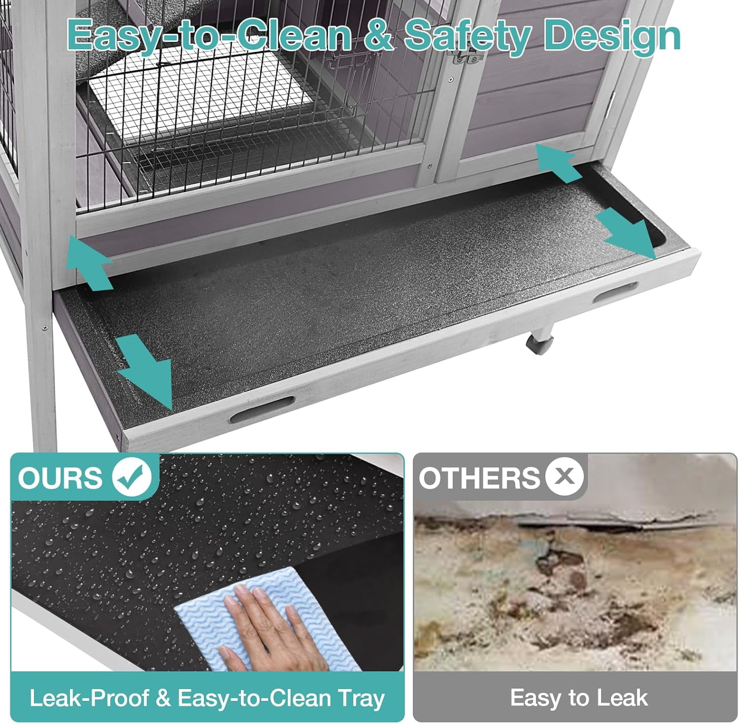 BUTINGLALE Guinea Pig Cage with Wooden Stand,Indoor Rabbit Hutch with 2 Stories, Hamster Cage with Anti Chew Ramp, Hideout, Platform, Pull Out Tray (Grey+Wheel)