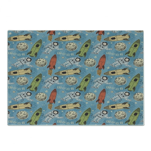 Space Cutting Board, Hand Drawn Astronauts with Rockets and Moon People in the Space Doodle Sketch Style, Decorative Tempered Glass Cutting and Serving Board, Small Size, Multicolor, by Ambesonne