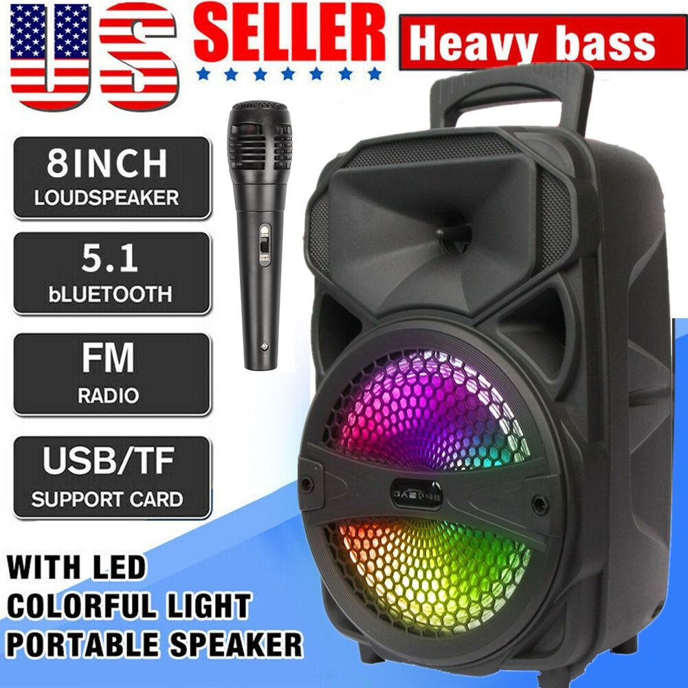 Lohoms Portable Wireless Speaker With Microphone, USB Rechargeable 1,000W FM Bluetooth Speaker 8" Subwoofer Heavy Bass Stereo Party PA System AUX, Remote, Charging Cable, LED Light