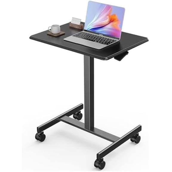 Mobile Small Standing Desk - Sit Stand Portable Rolling Laptop Desk with Lockable Wheels, Adjustable Height Computer Workstations, Modern Black