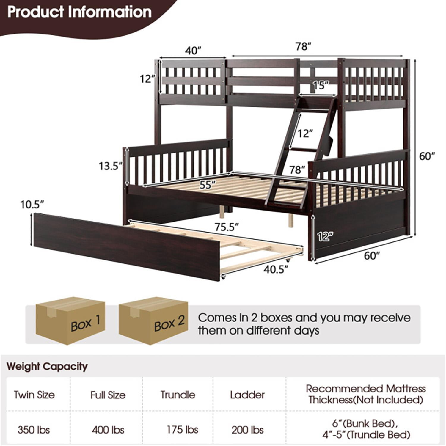 Demi Bonn Twin Pull-Out Bunk Beds with Ladder in the Steps and a Trundle, Full Convertible Bunk Bed Platform, Brown