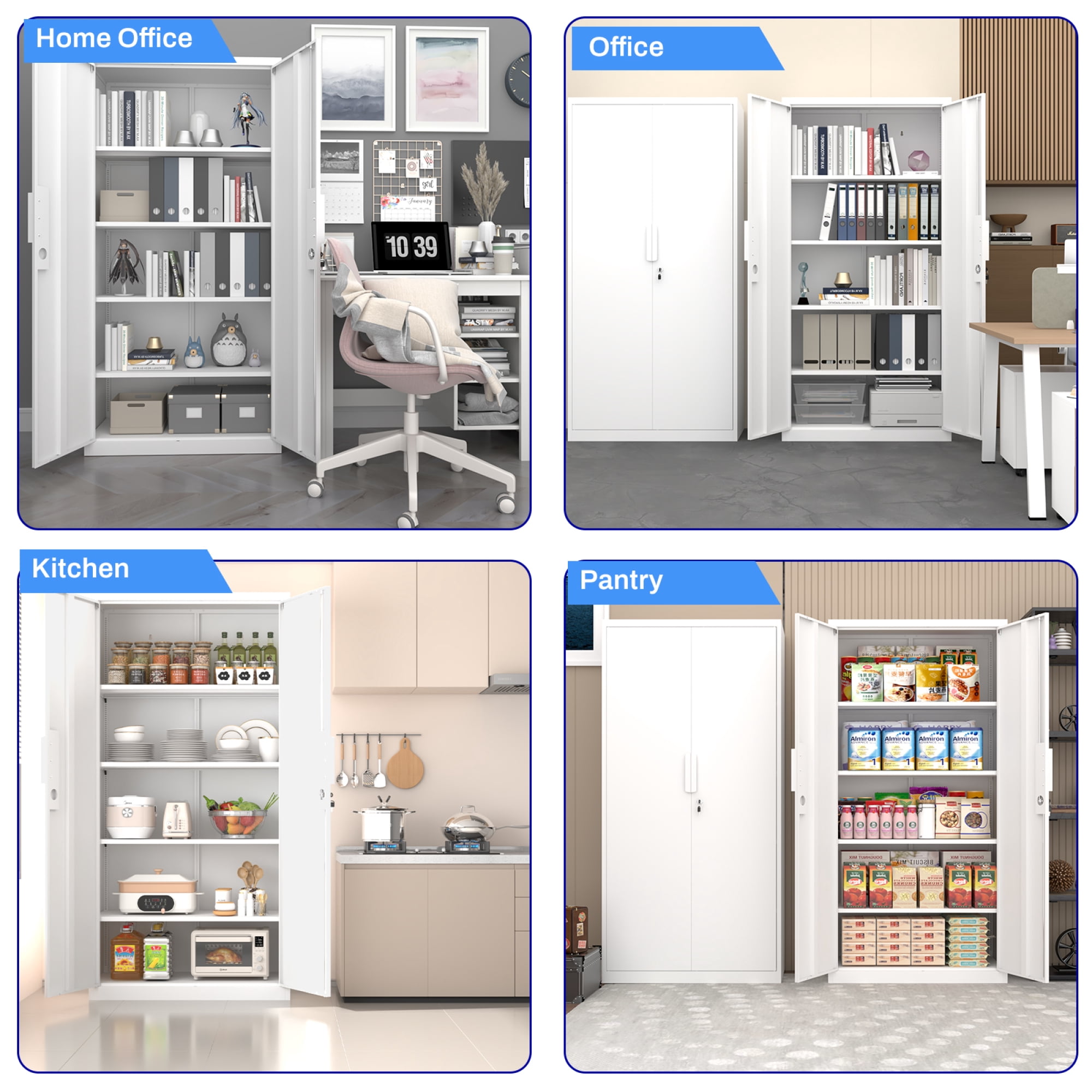 Metal Storage Cabinet with Adjustable Shelves & 2 Doors,70" H Garage Storage Cabinet with Lock Multi-Use Organizer for Garage,Classroom,Office,White