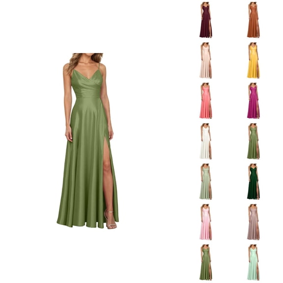 Wedding Guest Dress for Women Sleeveless Spaghetti Strap V Neck Slit Maxi Dresses Formal Prom Evening Gowns