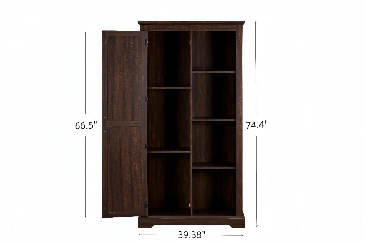 Tall Storage Cabinet with Barn Doors, 74" Farmhouse Pantry Cabinet with Adjustable Shelves, Rustic Kitchen Organizer Cupboard for Living Room, Espresso