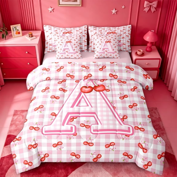 Catabedysis Sweet Cherry Print A 7-Piece Twin Bedding,Personalized Monogrammed Gifts Bedding Comforter Set,Pink Reversible For Girls