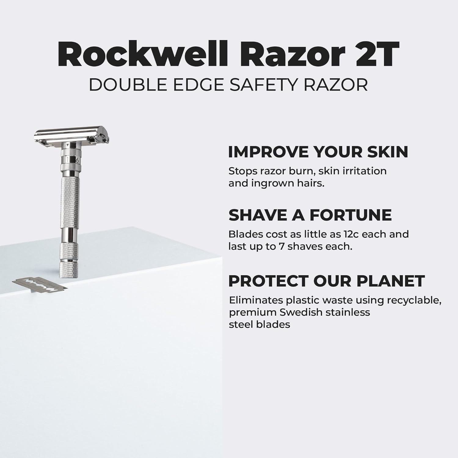 Rockwell Razors T2 Adjustable Safety Razor for Men with 5 Razor Blades, White Chrome
