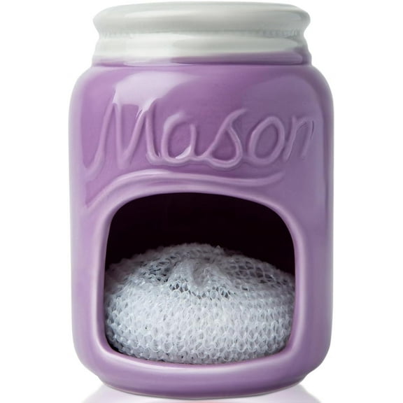 Comfify Ceramic Mason Jar Sponge Holder, Farmhouse Sink Caddy with Bonus Sponge, Purple