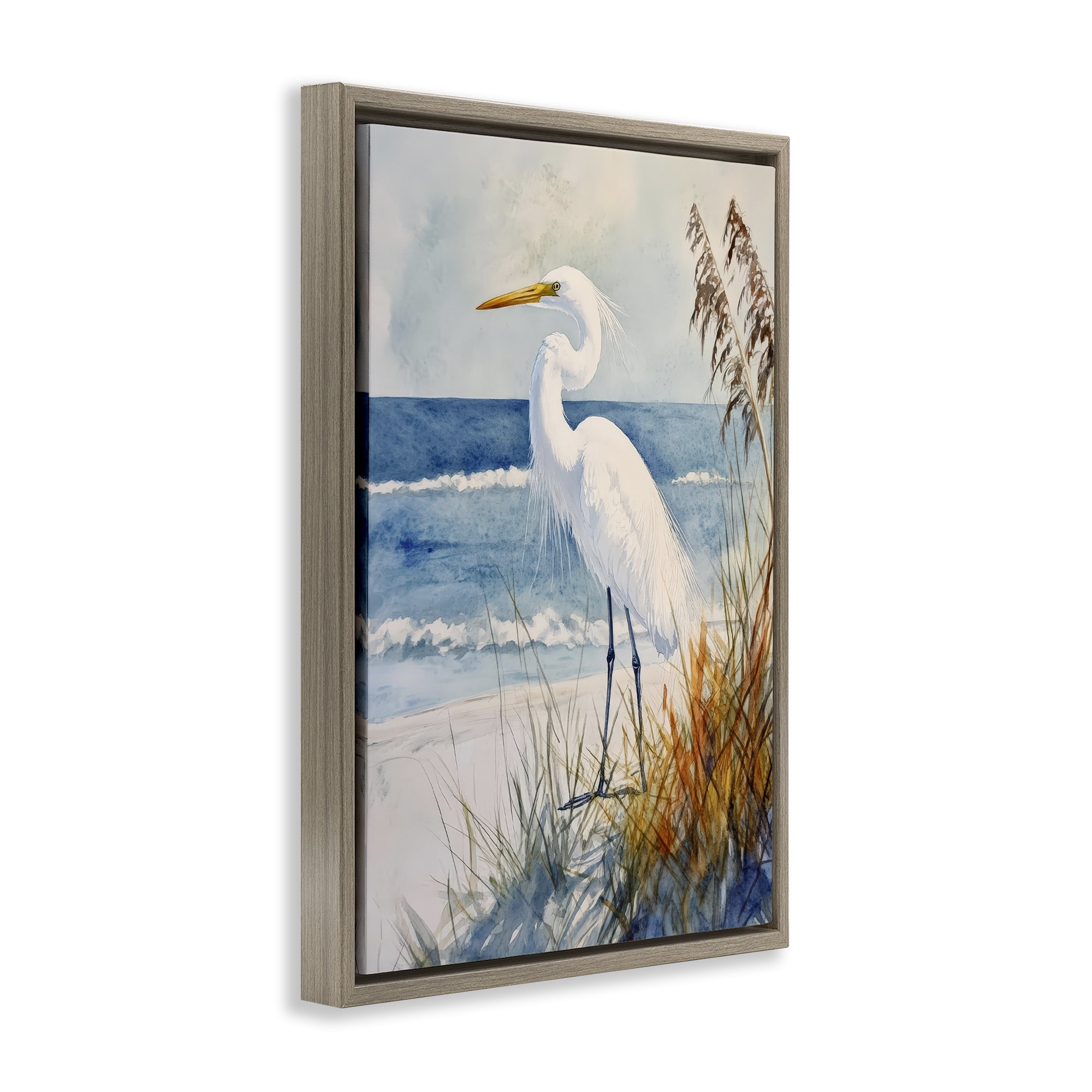 Stupell Industries Egret By The Waves Brown Framed Floater Canvas Wall Art, design by Petal Prints Design