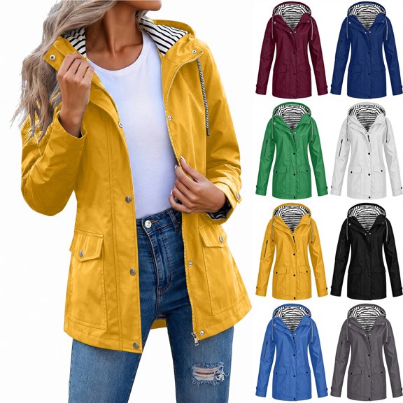 Smsaxvxz Womens Plus Size Hooded Raincoat Lightweight Fit Waterproof Windbreaker Zip up Rain Jacket with Pockets Yellow S