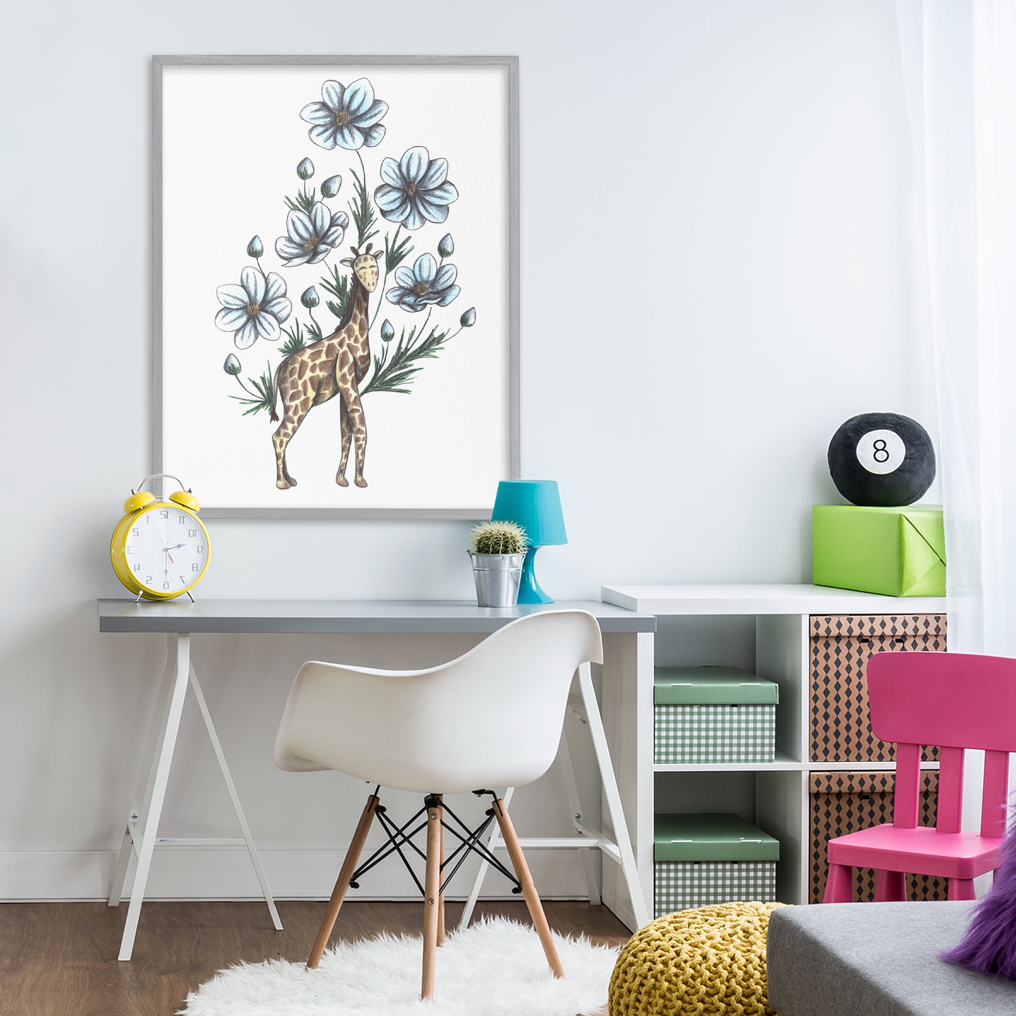 Giraffe with Flower Blossoms Gray Framed Giclee Art, design by Cecilia Battaini