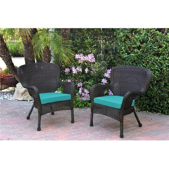 W00215-C-2-FS032 Windsor Espresso Resin Wicker Chair with Turquoise Cushion - Set of 2