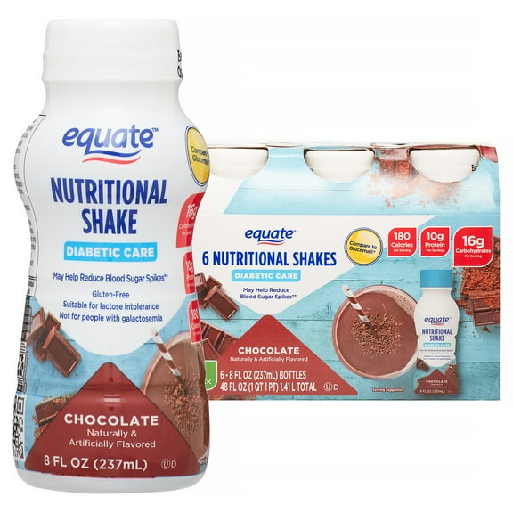 (4 pack) Equate Diabetic Care Nutritional Shakes, Chocolate, 8 fl oz, 6 Count Compare to Glucerna Chocolate