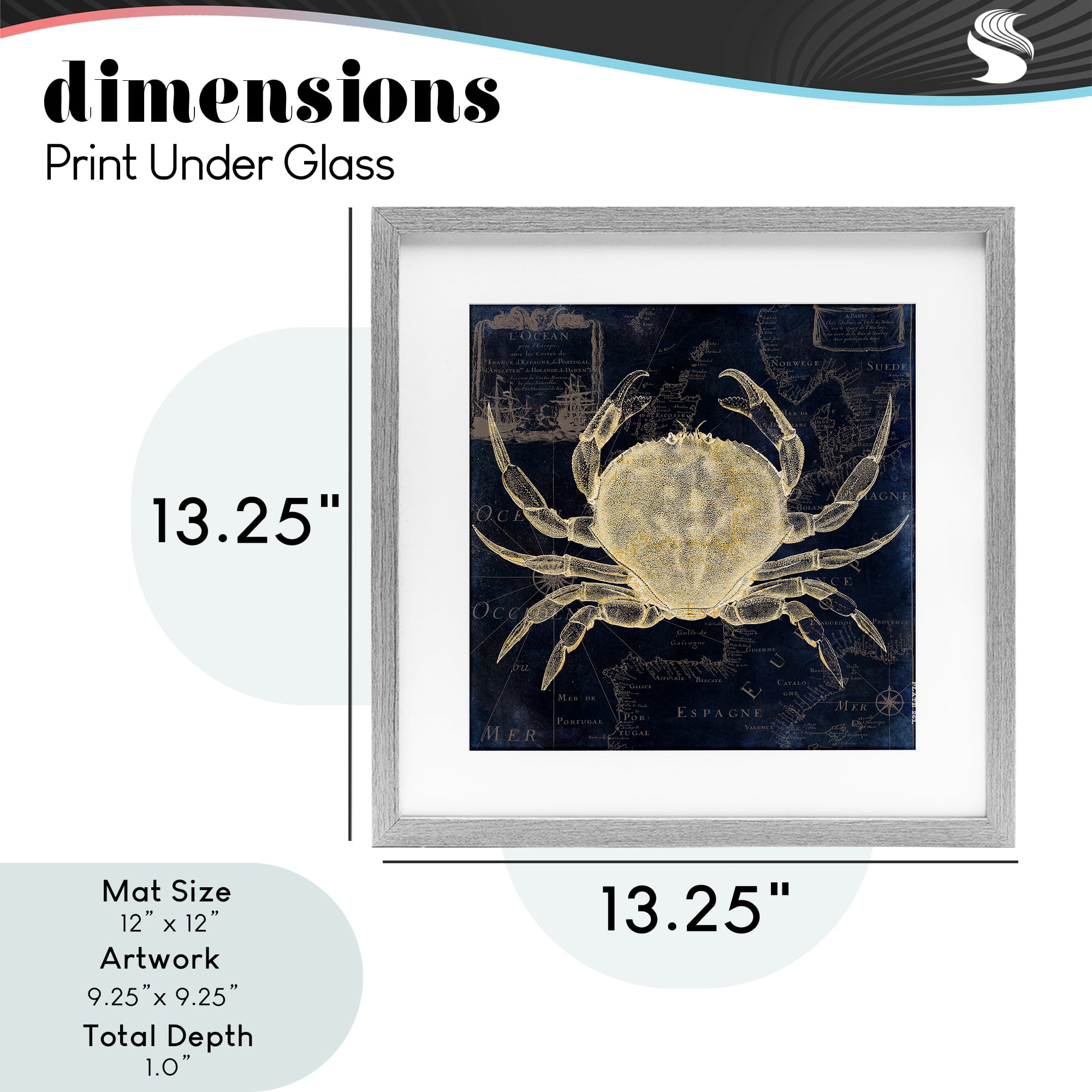 Crab Contour over Map Gray Framed Print Under Glass, design by Sasha