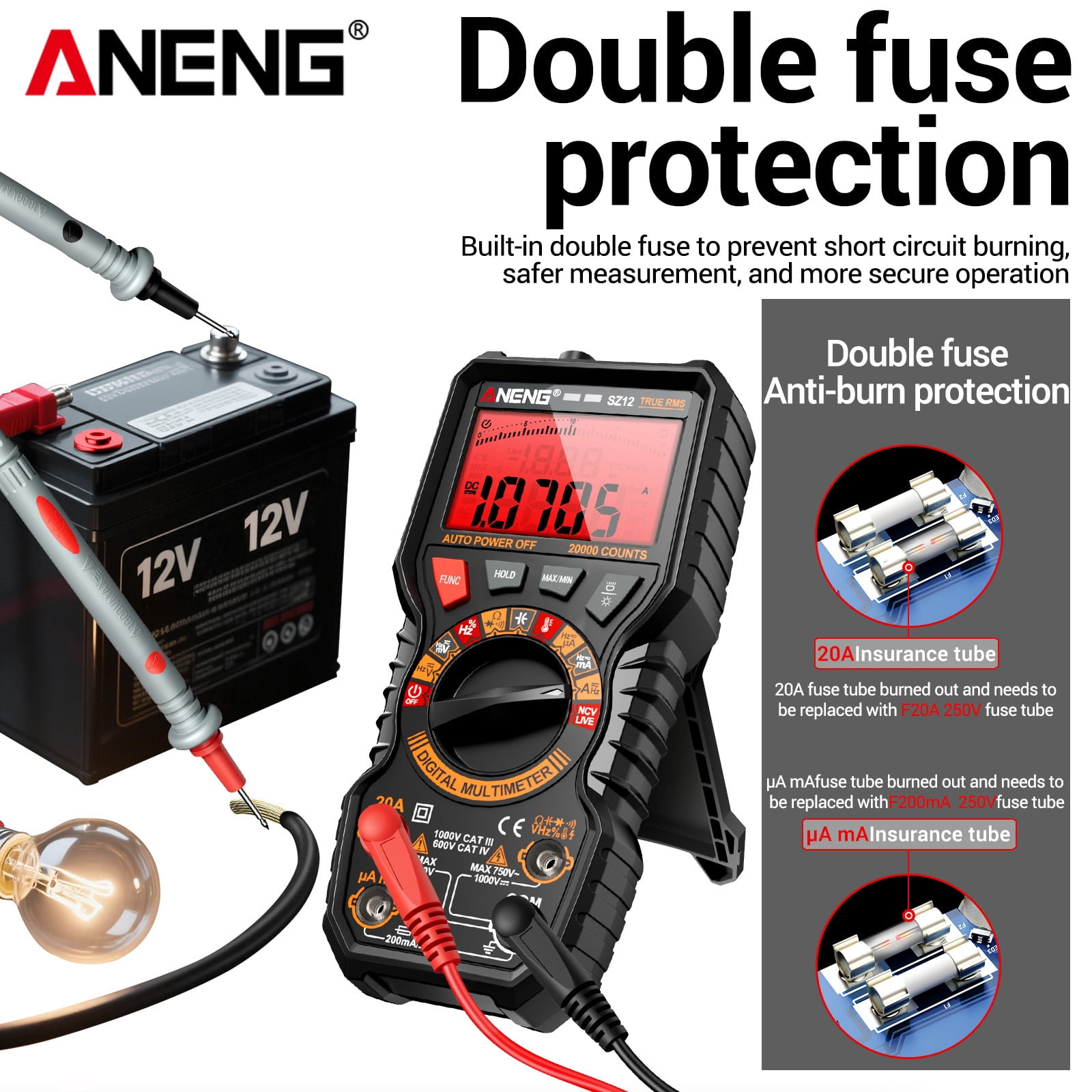 ANENG Digital Multimeter SZ12 True RMS 20000 Counts AC/DC Voltage Current NCV Detection Double Fuse Silicone Anti-Drop Case 1-Pack