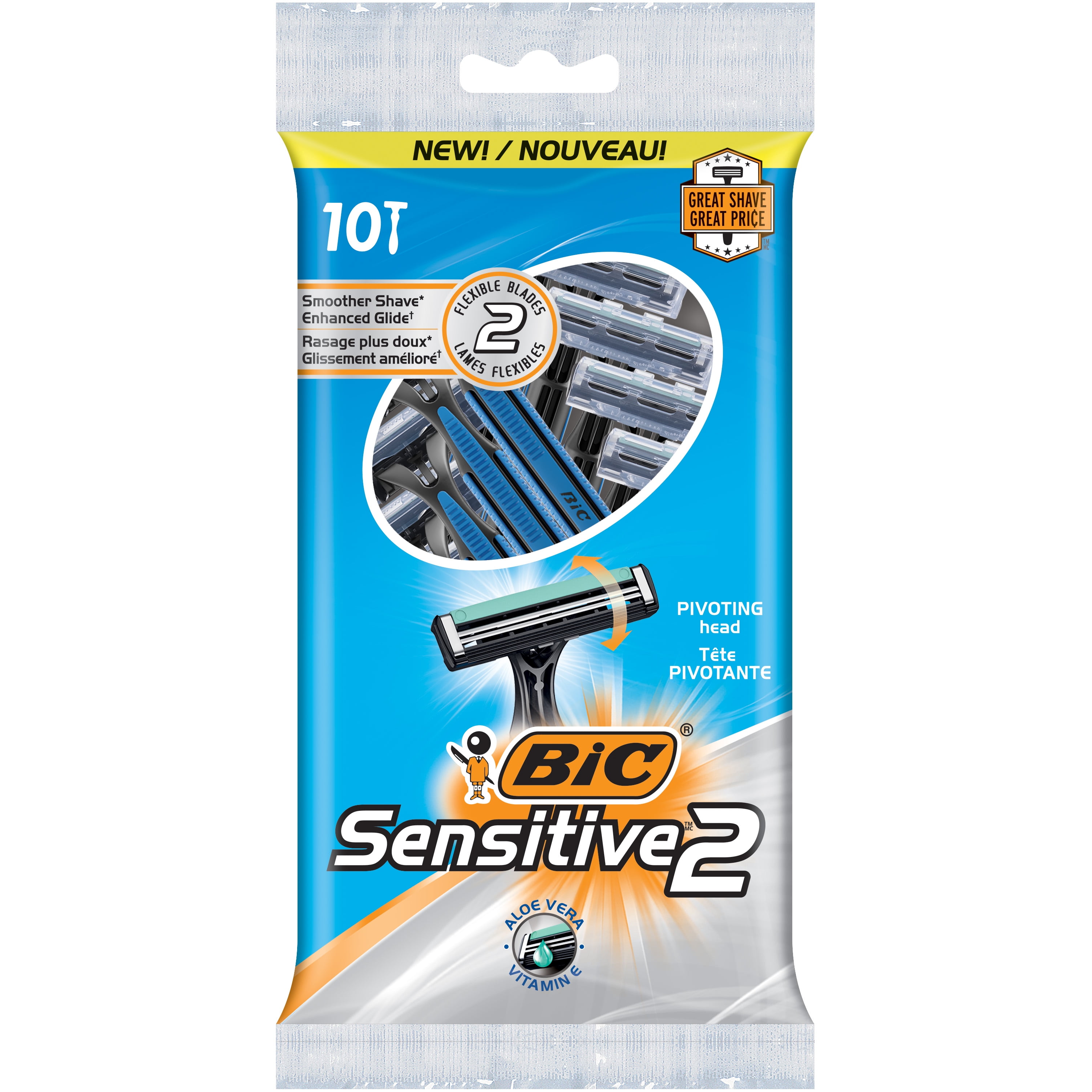 BIC Sensitive 2 Men's Disposable Razor, Two Blades for Enhanced Glide, 10 Count