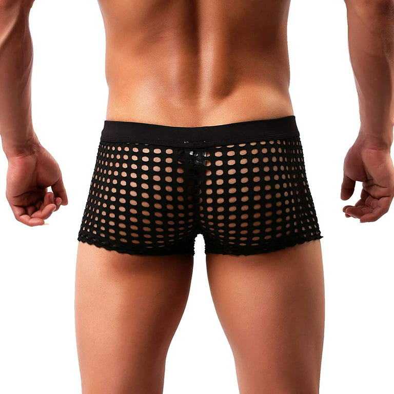 MIZOK Men's Breathable Mesh Underwear Sexy Boxer Briefs Trunks Black M-2Pc