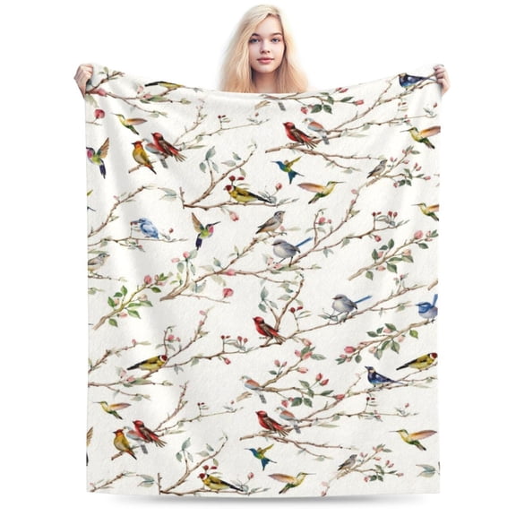 Spring Summer Birds Branch White Flannel Blanket All Season Using Ultra Soft Fuzzy Plush Cozy Non-shedding Blanket 50x40