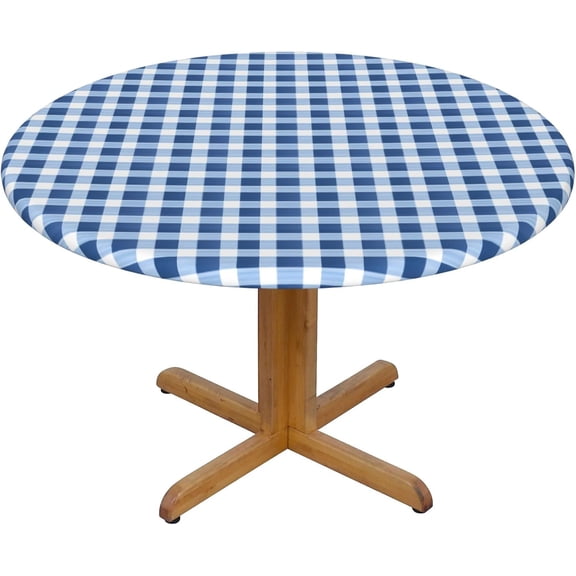 Round Fitted Tablecloth 52 Inch, Blue Jeans Gingham Fitted Round Table Cover Fitted Table Cover Wipeable Table Covers Kitchen Tablecloths for Restaurant, Picnic, Indoor and Outdoor Dining