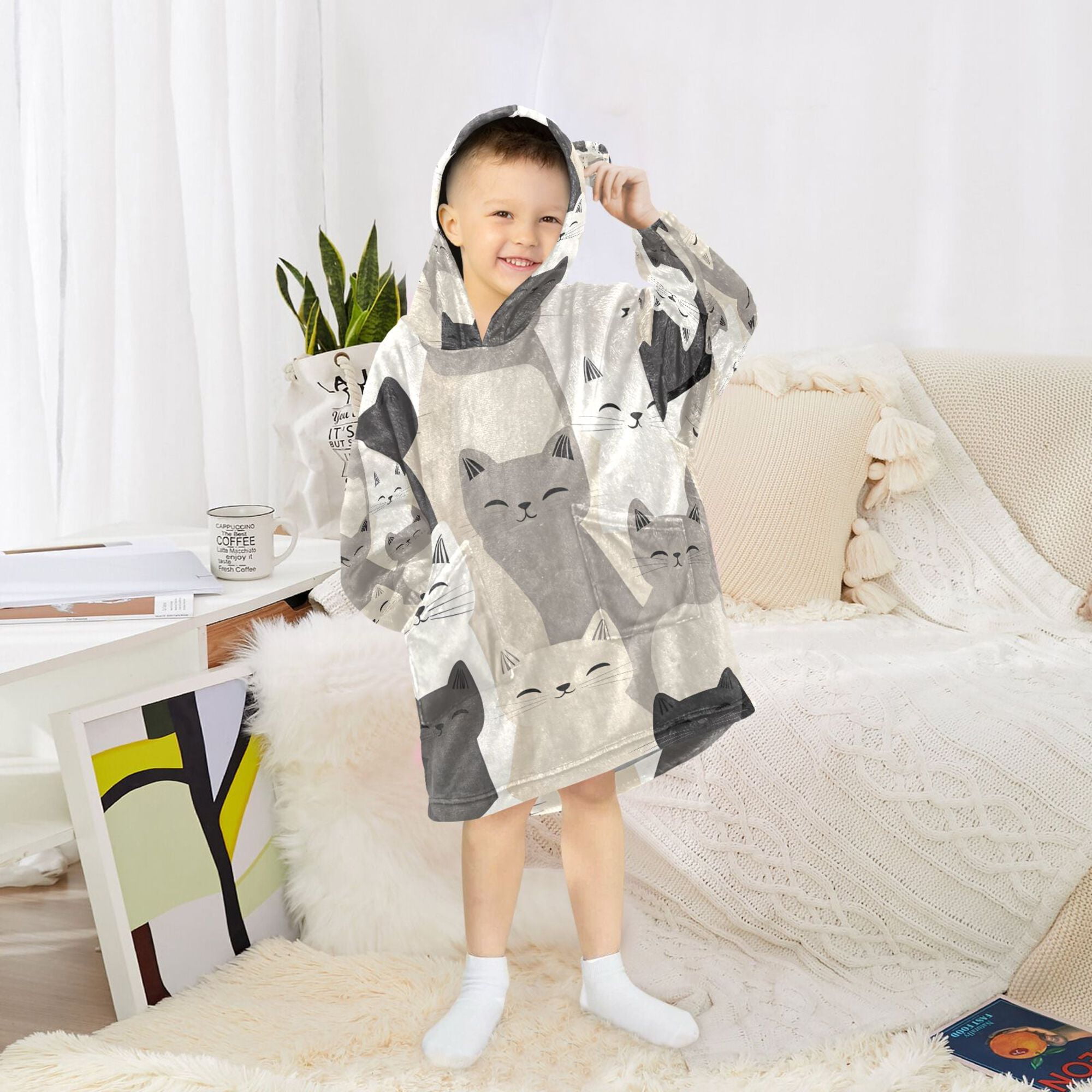 FORMRS Wearable Blanket Hoodie with Sleeves for Kids Cozy Flannel Sweatshirt, Beige Cute Cats