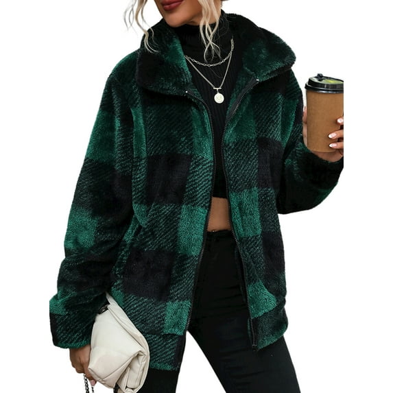 FASHIONWT Women Winter Fleece Jacket Gingham Flannel Shacket Coat