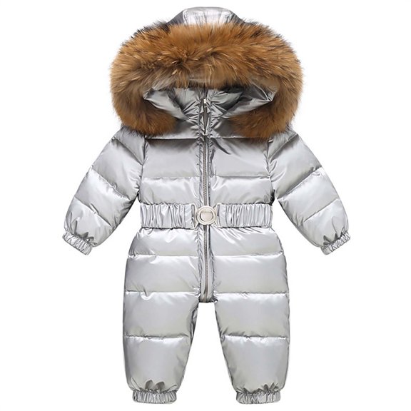 Zwiiyzr 0-5T Baby Winter Snowsuit Warm Hooded Puffy Coat Jacket Romper Infant Jumpsuit for Boy Girl Silver