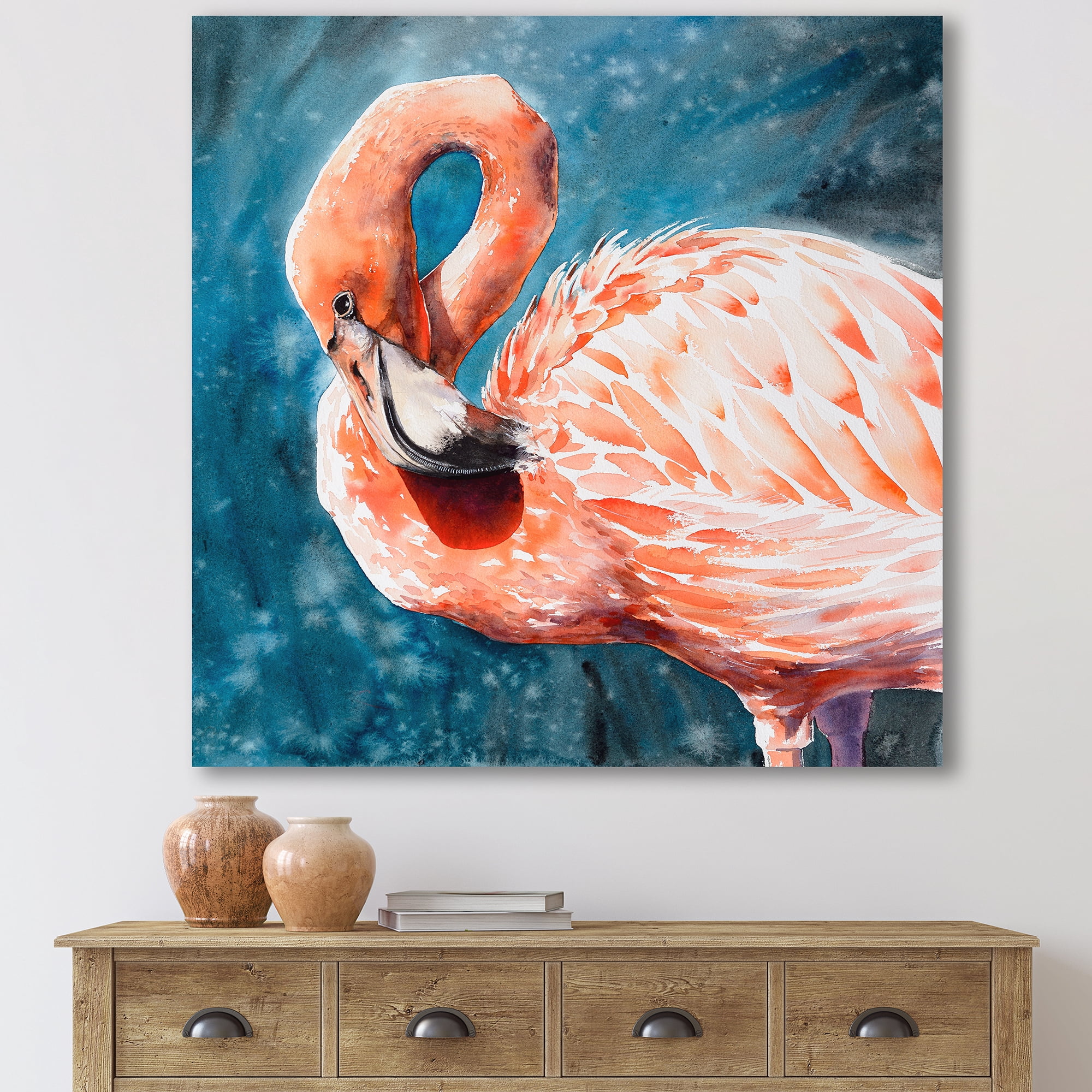 Designart ' Pink Flamingos Love Birds In Blue Water II ' Farmhouse Canvas Wall Art Print