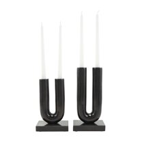 DecMode 4 Candle Black Aluminum Geometric U-Shaped Candle Holder with Marble Bases, Set of 2