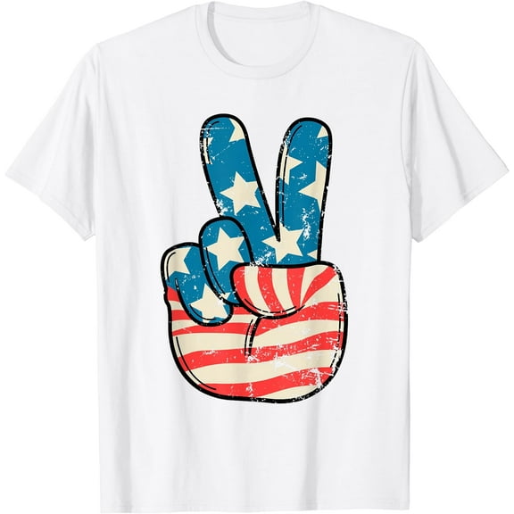 Hot Trending American Flag Peace Sign Hand 4Th Of July Patriotic T-Shirt Birthday Gifts; For Men & Women